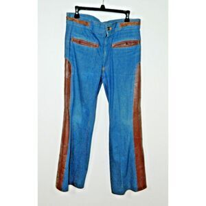 National Shirt Jeans Size 34 x 32 Vintage 70's Leather Brown Trim Wide Leg Flare